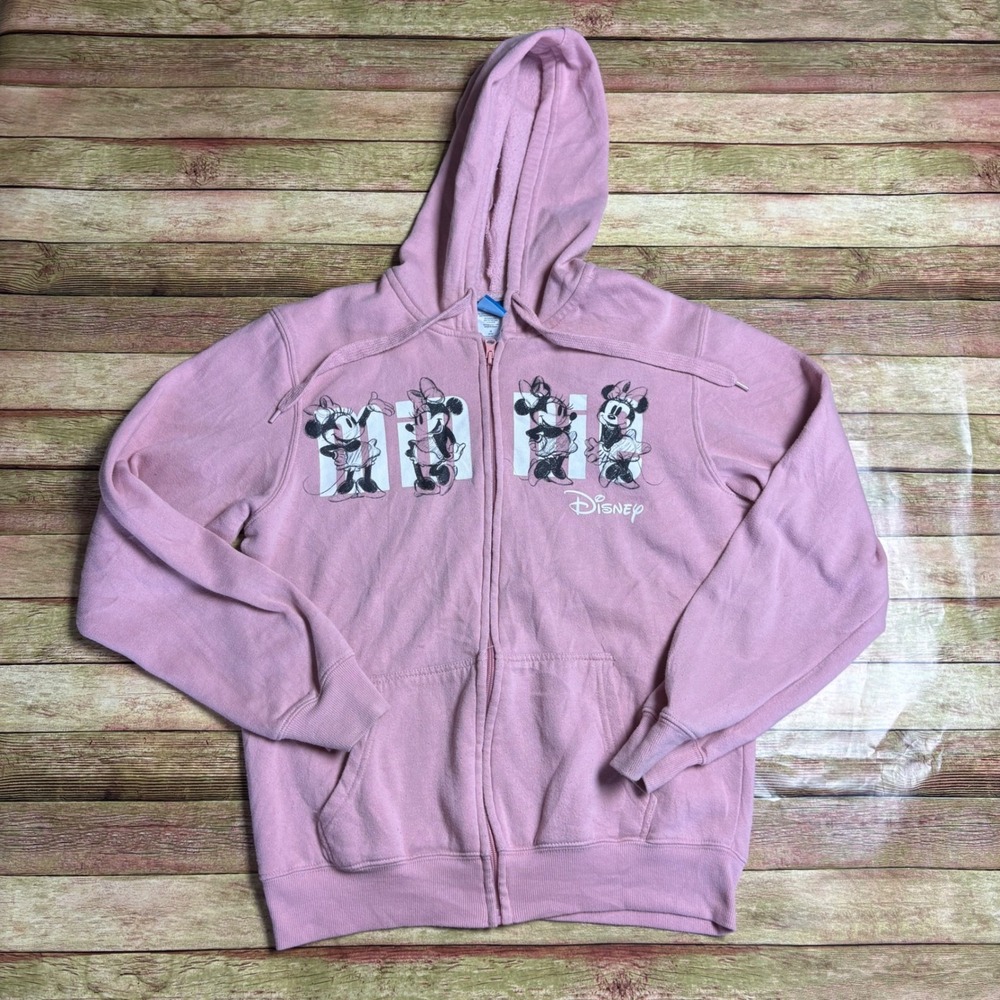 Disney Minnie Mouse Girls Pink Zip Up Hoodie Size Medium 8/10 Graphic Sweatshirt